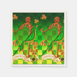 IRISH HARP, GREEN GOLD SHAMROCKS St Patrick's Day Napkin