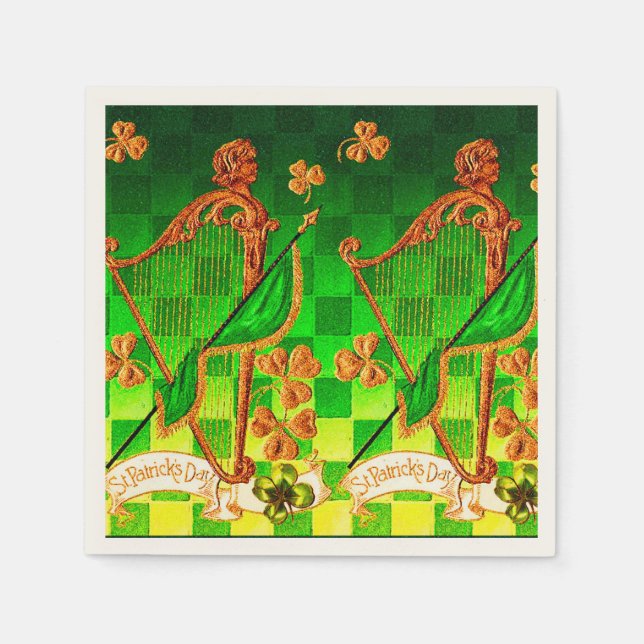 IRISH HARP, GREEN GOLD SHAMROCKS St Patrick's Day Napkin (Front)