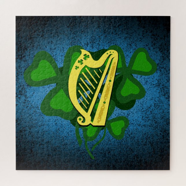 Irish harp shamrock, green shamrocks 4 leaf clover jigsaw puzzle (Horizontal)