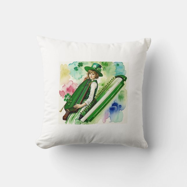  Irish Harpist with Shamrock Hat Throw Pillow (Front)