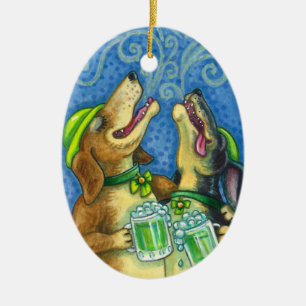 IRISH HOUND DOGS, ST. PATRICK'S DAY GREEN BEER CERAMIC ORNAMENT