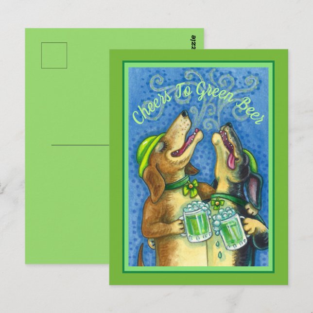 IRISH HOUND DOGS, ST. PATRICK'S DAY GREEN BEER POSTCARD (Front/Back)