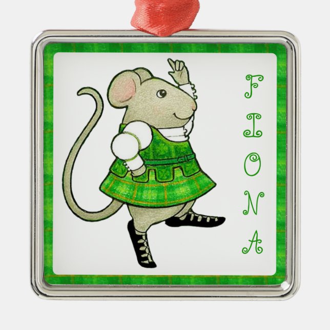 IRISH JIG MOUSE Premium Square Ornament + Name (Front)