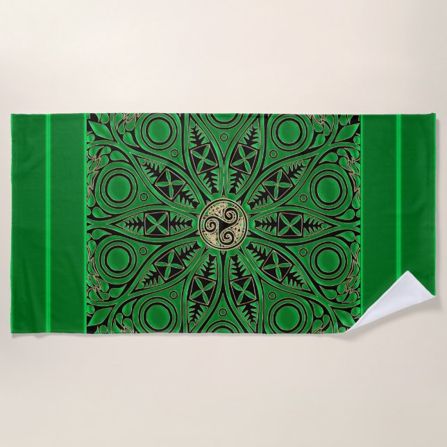 Irish Kelly Green Triskele Mandala Beach Towel (Front)