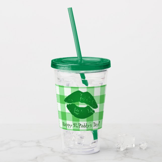 Irish Kiss on Green Gingham St. Paddy's Day Acrylic Tumbler (Front Ice)