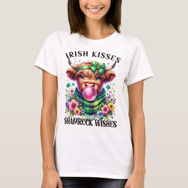Irish Kisses Shamrock Wishes HighlandCow Bubblegum T-Shirt (Front)