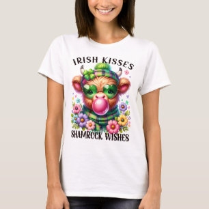 Irish Kisses Shamrock Wishes HighlandCow Bubblegum T-Shirt