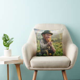 Irish Leprechaun Admiring a Gold Coin Cushion