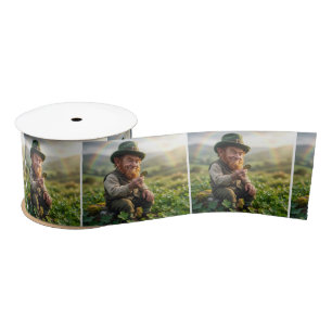 Irish Leprechaun Admiring a Gold Coin Satin Ribbon