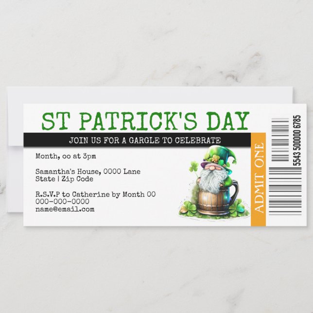Irish leprechaun beer boarding pass ticket party invitation (Front)