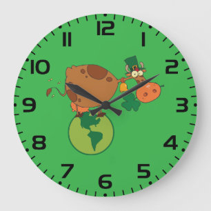 Irish Leprechaun Cow Standing on Planet Earth Large Clock