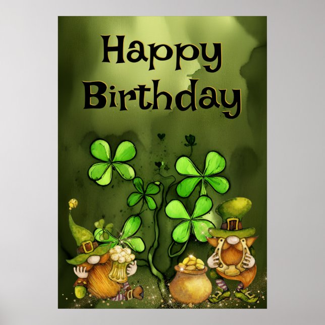 Irish Leprechaun Gnomes and Clovers Happy Birthday Poster (Front)