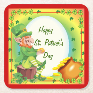Irish Leprechaun Pot of Gold Square Paper Coaster