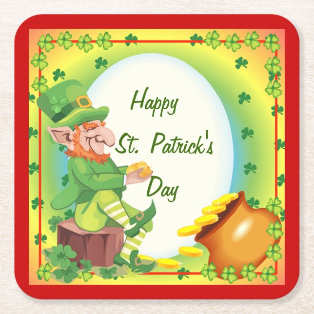 Irish Leprechaun Pot of Gold Square Paper Coaster (Front)