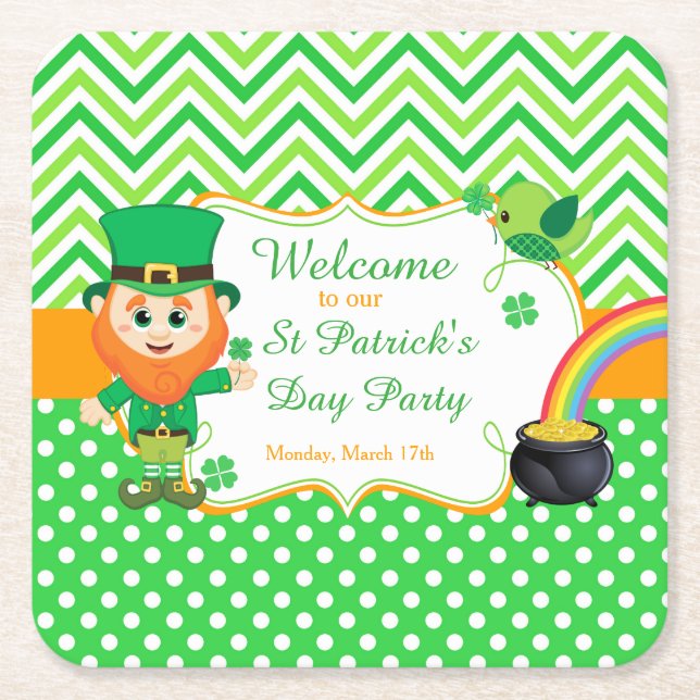 Irish Leprechaun St Patrick's Day Party Square Paper Coaster (Front)