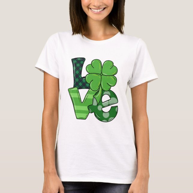 Irish Love St. Patrick's Day Shamrock Green Plaid T-Shirt (Front)