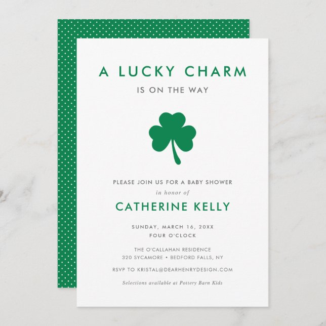 Irish Lucky Charm Spring Baby Shower Green Invitation (Front/Back)