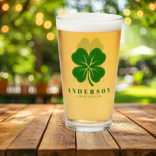 Irish Lucky Four Green Leaf Clover with Name Pint Glass