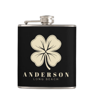 Irish Lucky Four Leaf Clover with Name Black Vinyl Hip Flask