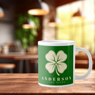 Irish Lucky Four Leaf Clover with Name Green Large Coffee Mug