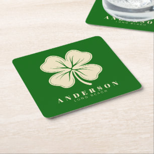 Irish Lucky Four Leaf Clover with Name Green Square Paper Coaster