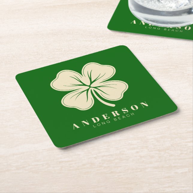 Irish Lucky Four Leaf Clover with Name Green Square Paper Coaster (Angled)