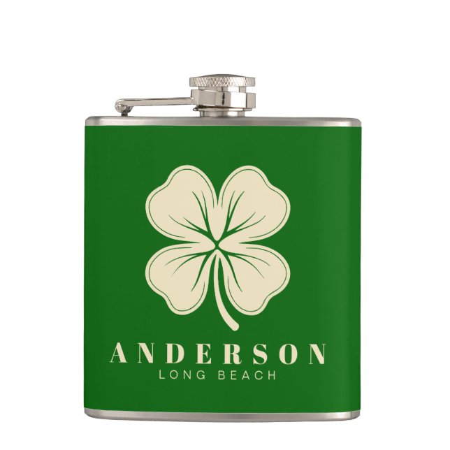 Irish Lucky Four Leaf Clover with Name Green Vinyl Hip Flask (Front)
