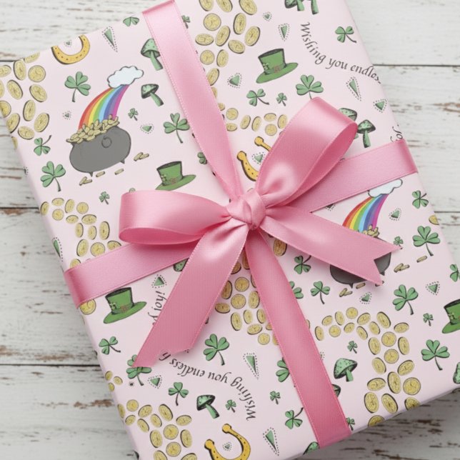 Irish Lucky Shamrock & Pot of Gold Pattern Wrapping Paper (Pink & Green Irish St Patrick's Day Girl Gift Wrap. Leprechaun, Pot of Gold, Lucky Shamrock, Rainbow)