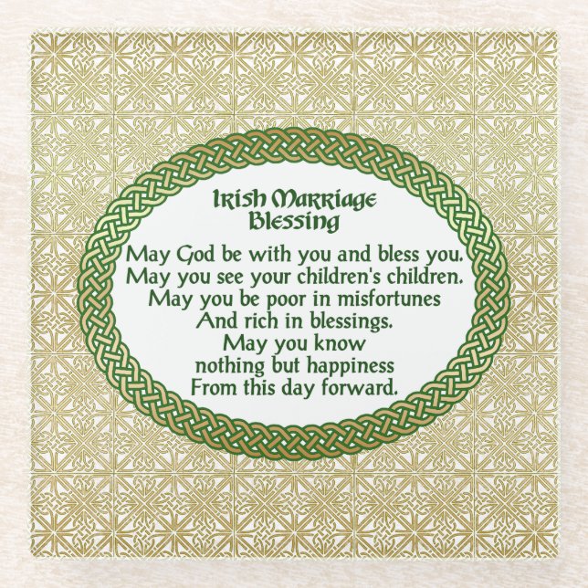Irish Marriage Blessing, Gold & Green Wedding Glass Coaster (Front)