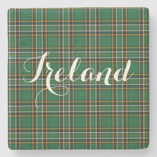Irish National Tartan & Customisable Text Stone Coaster (Front)