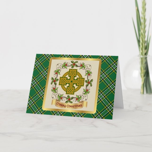 Irish National Tartan w/Celtic Cross Personalised  Holiday Card (Front)