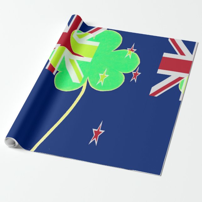 Irish New Zealand Flag Shamrock Clover St. Patrick Wrapping Paper (Unrolled)