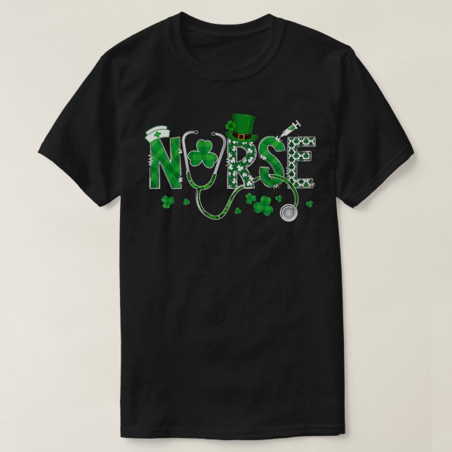 Irish Nurse St Patricks Day Shamrock Stethocsope W T-Shirt (Design Front)