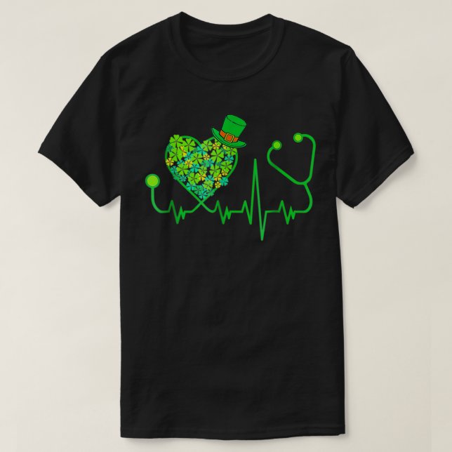 Irish Nurse Stethoscope Heartbeat Shamrock St Patr T-Shirt (Design Front)
