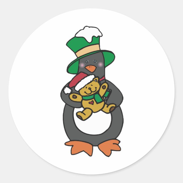 Irish Penguin Holding Christmas Teddy Bear Classic Round Sticker (Front)