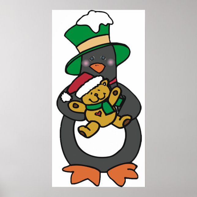 Irish Penguin Holding Christmas Teddy Bear Poster (Front)