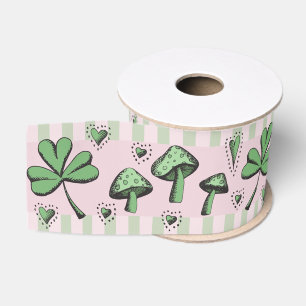 Irish Pink & Green Shamrocks Hearts & Mushrooms 3" Grosgrain Ribbon