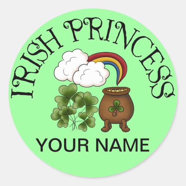 Irish Princess Shamrocks Pot of Gold Classic Round Sticker (Front)
