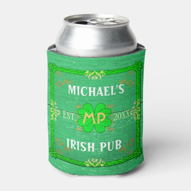 Irish Pub Custom Name Home Bar Green St Patrick's Can Cooler (Can Front)