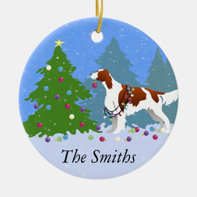 Irish Red and White Setter Decorating Tree Ceramic Tree Decoration (Front)