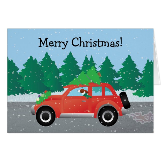 Irish Red and White Setter Driving Christmas Car (Front Horizontal)