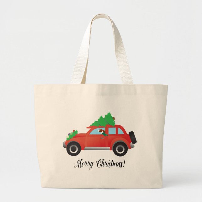 Irish Red and White Setter Driving Christmas Car Large Tote Bag (Front)