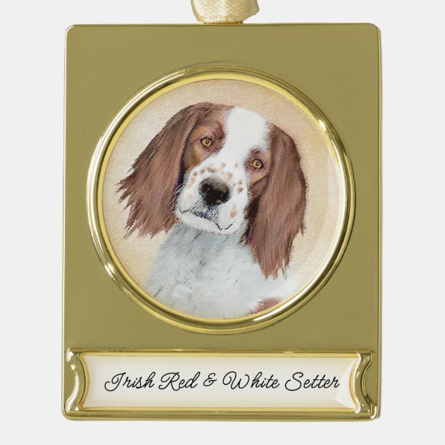 Irish Red and White Setter Painting - Original Art Gold Plated Banner Ornament (Front)