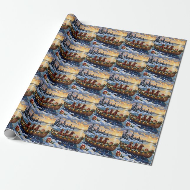 Irish Red Setter Christmas Boat Holiday Wrapping Paper (Unrolled)