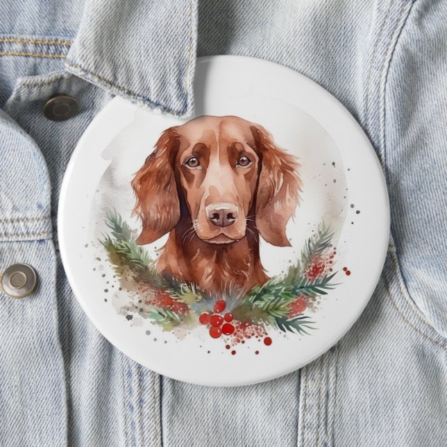 Irish Red Setter Christmas Wreath Festive Pup  6 Cm Round Badge (In Situ)
