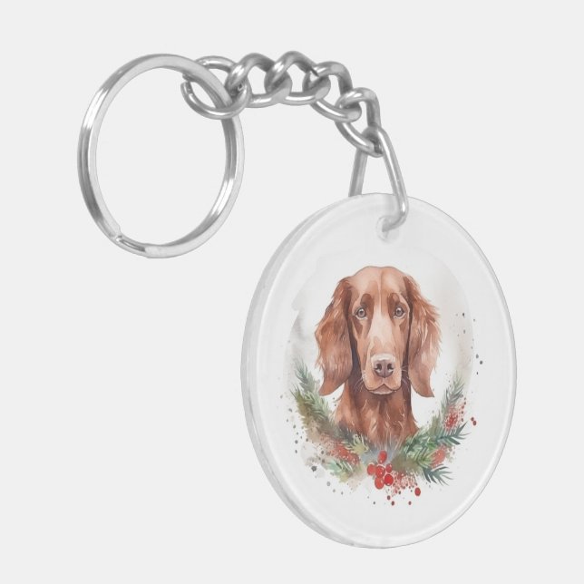 Irish Red Setter Christmas Wreath Festive Pup  Key Ring (Front Left)