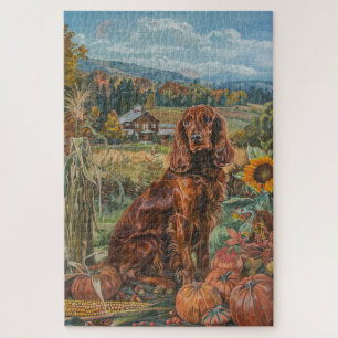 Irish Red Setter Dog Autumn Harvest Thanksgiving Jigsaw Puzzle