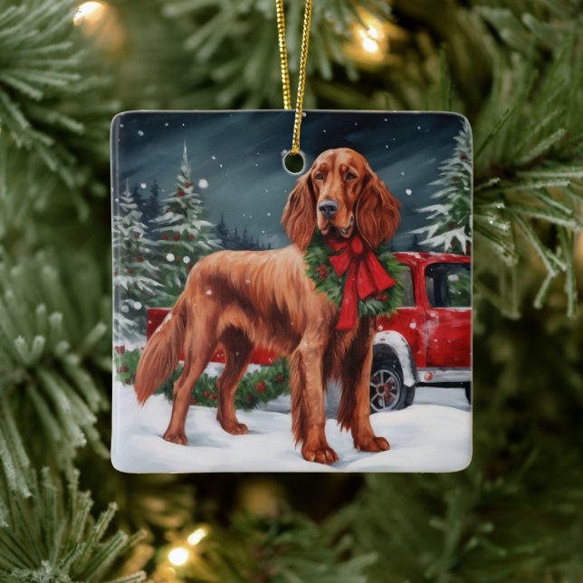 Irish Red Setter Dog in Snow Christmas Ceramic Ornament (Tree)