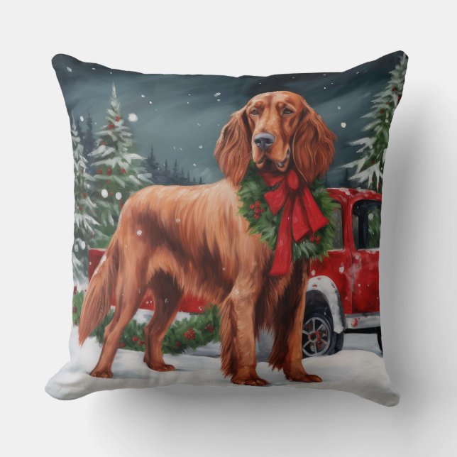 Irish Red Setter Dog in Snow Christmas Cushion (Front)