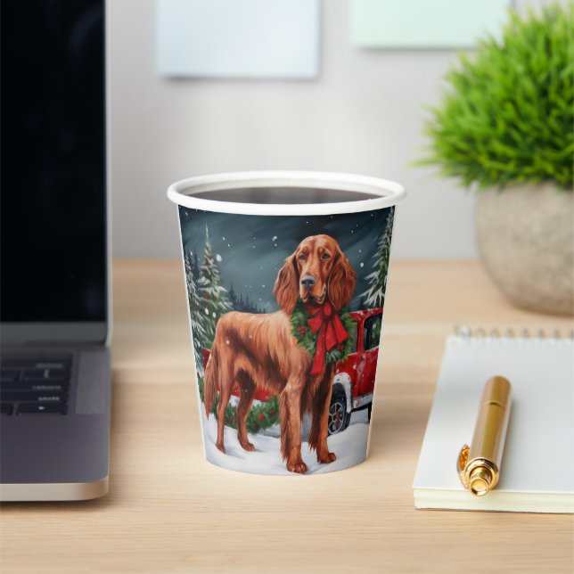 Irish Red Setter Dog in Snow Christmas Paper Cups (Insitu)
